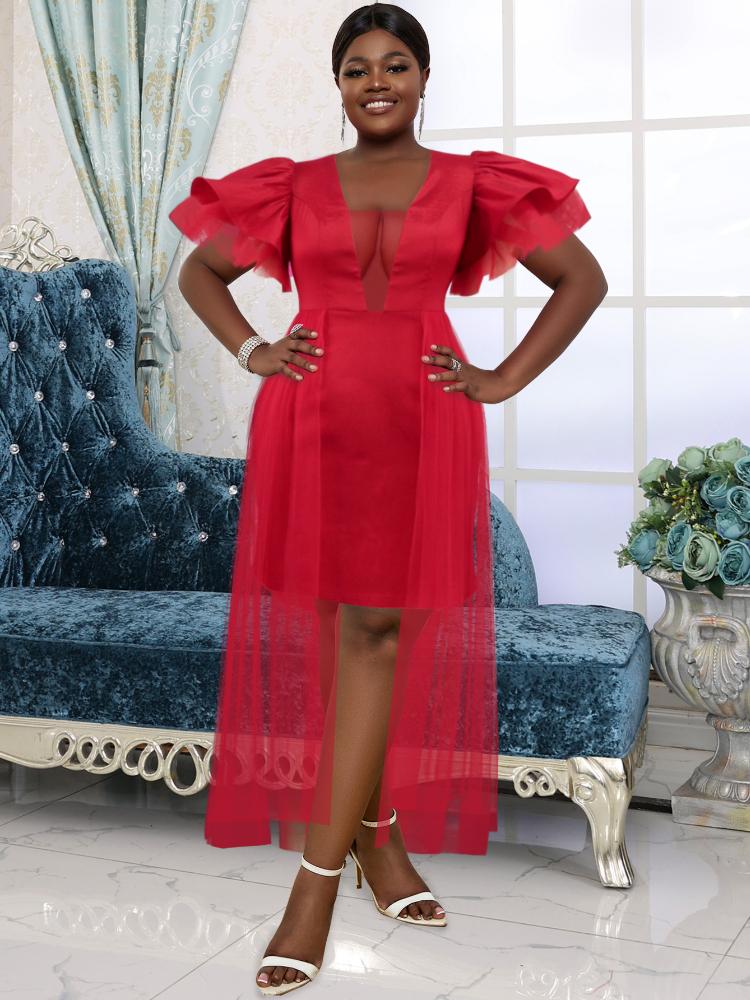 AOMEI Сексуальные красные вечерние платья для выпускного вечера для женщин с накидкой и верхней юбкой с прозрачным глубоким V-образным вырезом и пышными многослойными рукавами, летние платья для женщин для особых случаев