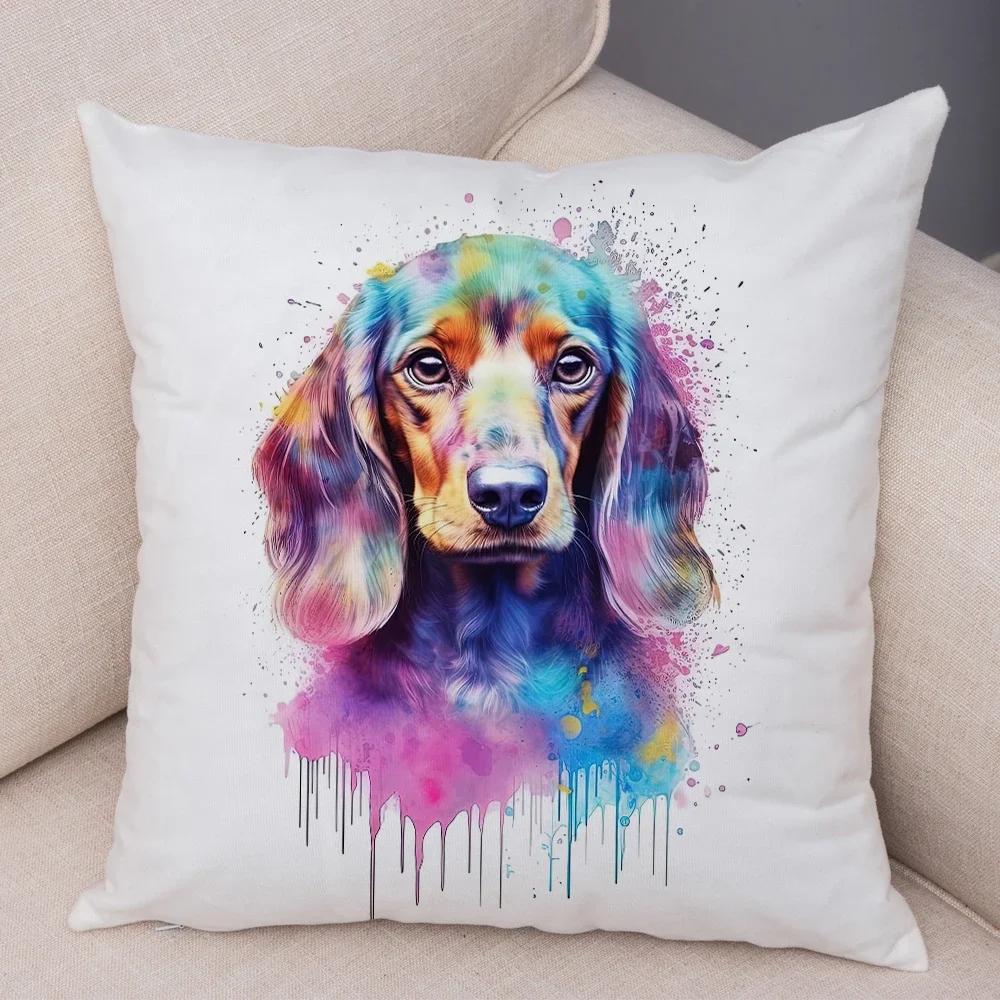 Super Cute Watercolor Dog Throw Pillow Cover With Short Plush Print For Living Room Sofa Decoration Cushion Cover Pillow Covers