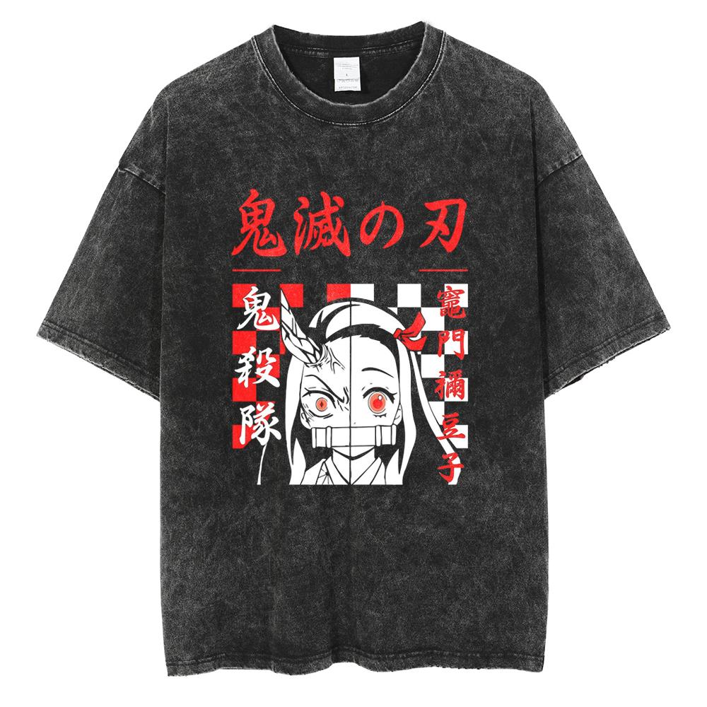 Anime Demon Slayer Tanjirou Nezuko Zenitsu Inosuke Cute Graphic Tshirt Men Women Washed Cotton T-shirts Harajuku Male Manga Tops