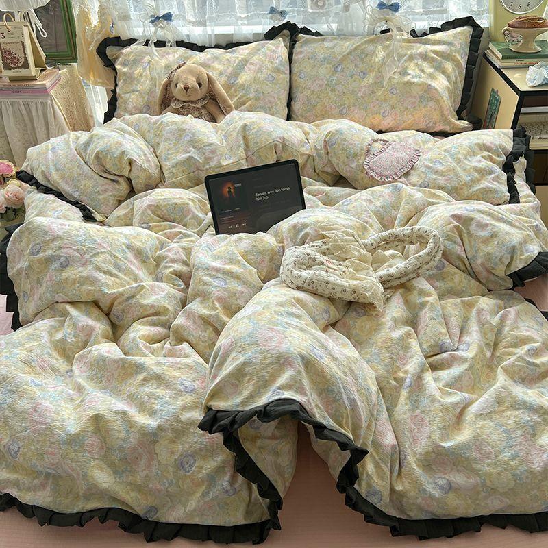 Class A Maternal Infant Grade Wrinkled Cloud Double-Layer Yarn Lace Quilt Cover, Bed Sheet 4-Pcs Set, Student Dormitory 3-Piece Set