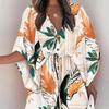 Mini Dress Women Print Batwing Sleeve Lace-Up V Neck Loose Button Dresses Ladies Beach Party Dress