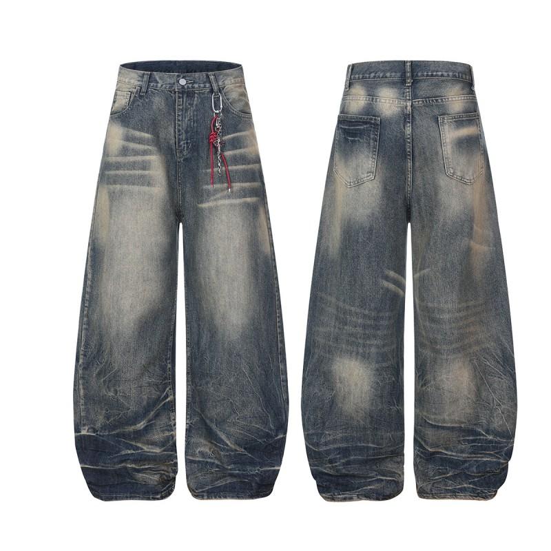 2026 Mens Relaxed Fit Distressed Washed Denim Jeans Straight Leg Wide Pants Streetwear Youth