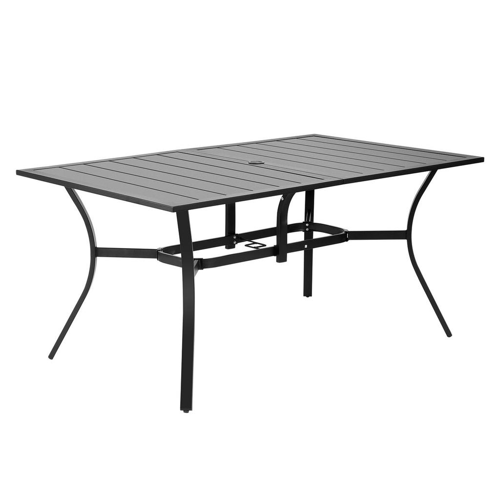 Outdoor Patio Dining Table, 150cm Long Rectangular Metal Steel Slat Backyard Bistro Tables for 4-6, with 38mm Umbrella Hole, All-Weather Large