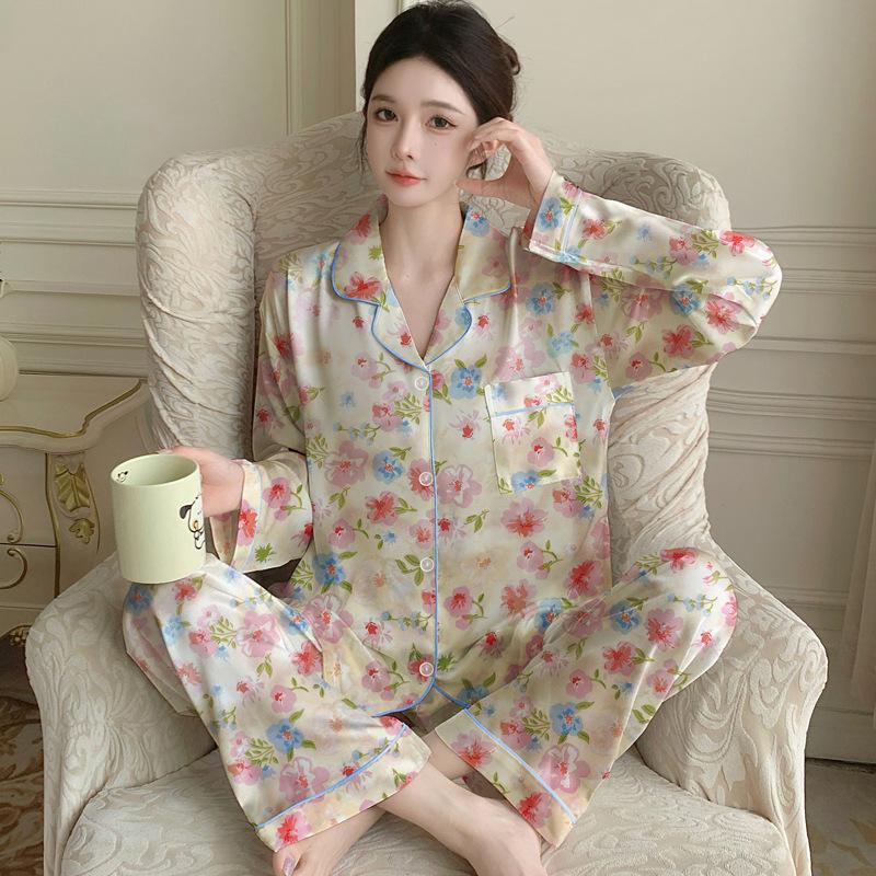 Sweet Bow Print Spring And Autumn Thin Long-Sleeved Suit Cardigan Pajamas Women'S Loungewear Can Be Worn Outside