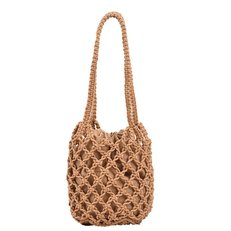 Летняя пляжная сумка для женщин, сетчатая веревочная вязаная сумка-ведро на плечо, сетчатые полые дорожные сумки-шопперы, женская модная сумка