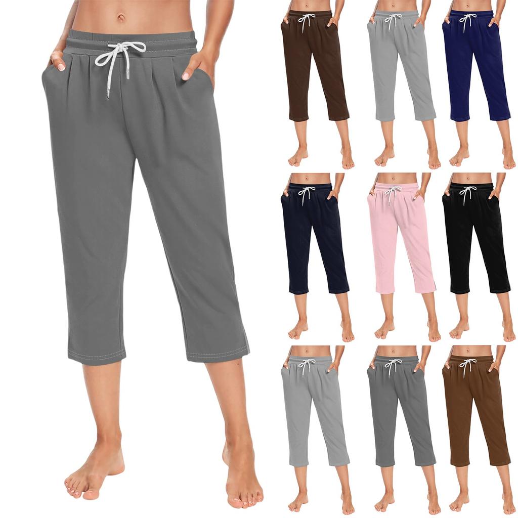 Women's Loose Mid-Low Waist Cropped Casual Drawstring Cropped Pants