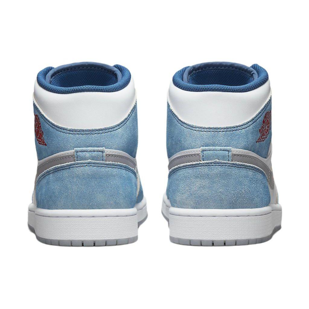 Кроссовки Air Jordan 1 Mid SE French Blue Unisex, белые, светло-стальные, серые, огненно-красные DN3706-401