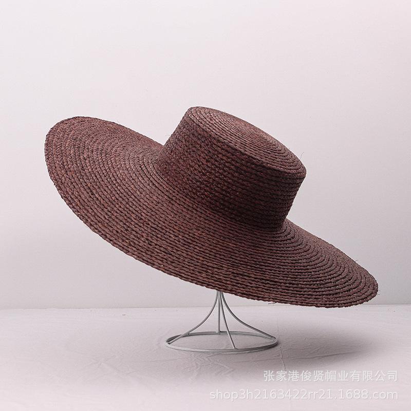 Spring and summer new flat top brown raffia big eave hat women's sunshade rough edge beach straw hat
