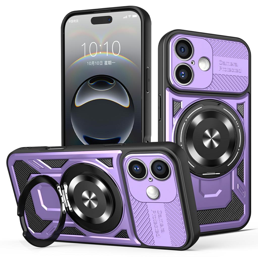 For iPhone 16 Magnetic Case Rotating Kickstand TPU+PC Phone Cover