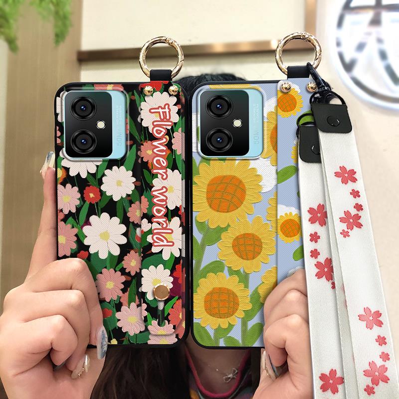 Silicone Flower Phone Case For Blackview Oscal C70 Kickstand Waterproof Dirt-resistant Shockproof Wrist Strap Durable