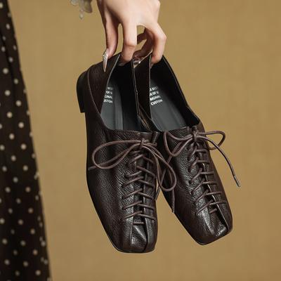 Модные размеры 34-40 Ретро туфли на низком каблуке для женщин Натуральная кожа Шнуровка Низкий каблук Винтаж Весна 2025 Новые Офисная леди Повседневное платье