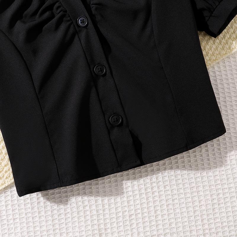 Костюм для девочки, детская футболка, летняя новая рубашка в студенческом стиле с рукавами-фонариками + плиссированная юбка на половину тела с бантом, 2 шт.