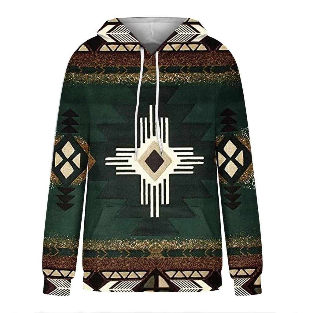 Women's Fashion Casual Ethnic Style Printed Long Sleeved Hooded Sweater Top