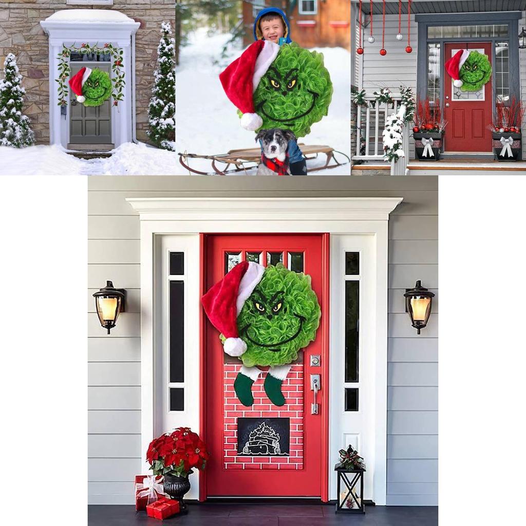 New Grinch Green Monster Plush Christmas Wreath Adorned Festive Holiday Decoration