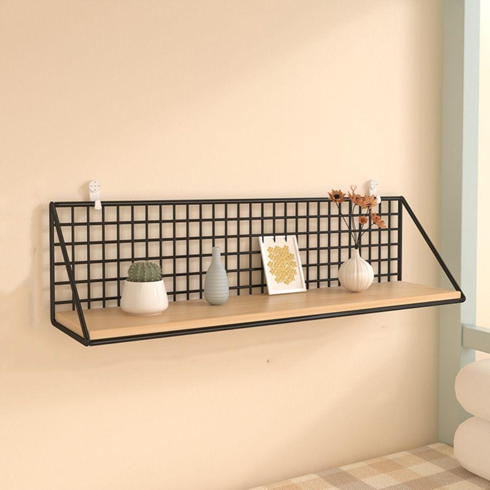 Punch-Free Wall Mounted Storage Rack Grid Shower Hanging Basket Wooden Iron Wall Shelf Home