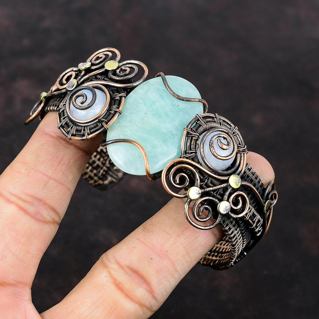 Браслет-манжета из драгоценного камня амазонит, медная проволока, браслет-манжета из радужного лунного камня, регулируемый браслет-манжета, ювелирные изделия ручной работы, подарок для женщин