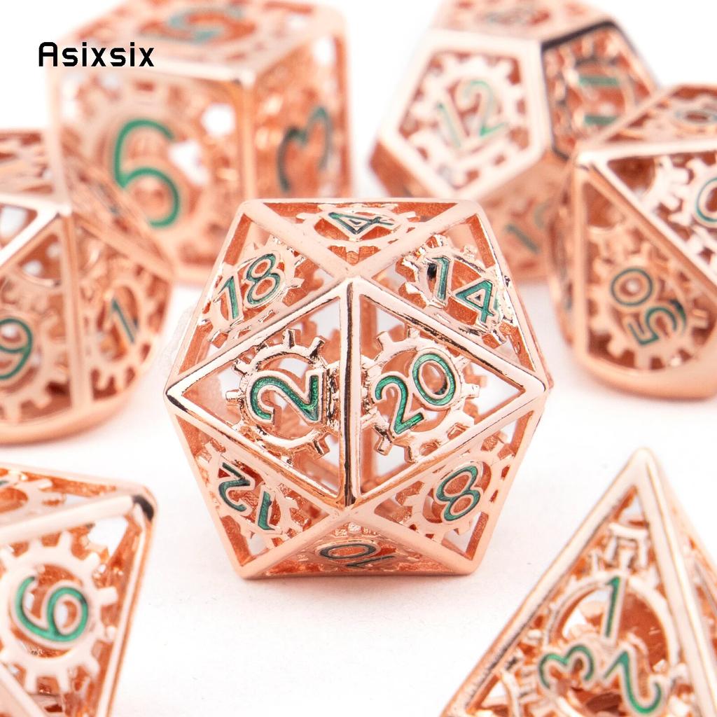 7 Pcs Red Green Gear Wheel Metal Dice Hollow Metal Polyhedral Dice Set Suitable for Role-Playing RPG Board Game Card Game