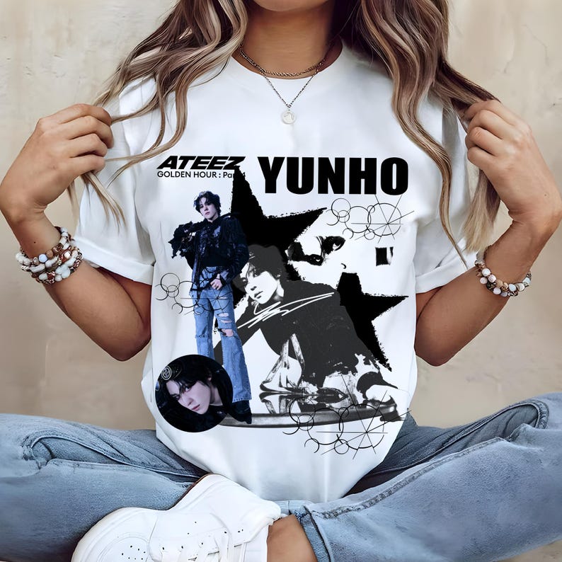 Ретро-рубашка Yunho Ateez, Рубашка Ateez Golden Hour Part 4, Рубашка Ateez World Tour 2026, Рубашка с участниками Ateez Kpop, Ateez Mito