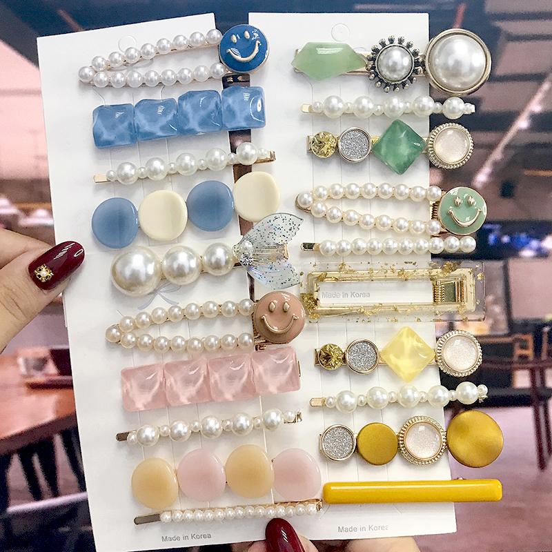 5Pcs/Set Fashion Smiley Pearl Hair Clip For Women Girl Geometric Acetate Barrettes Hairpin Headwear Hair Accessories  Trendy