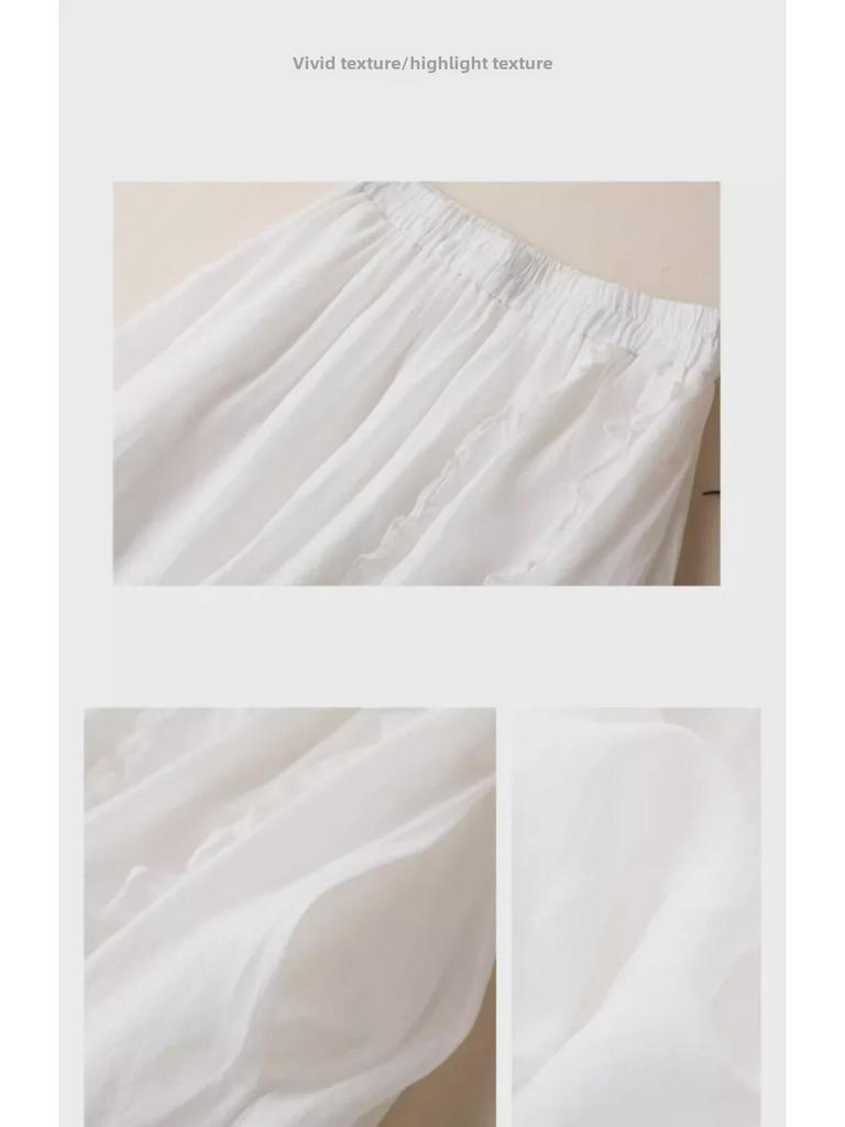 Trendy Cotton-Linen High-Waisted A-Line Skirt: Mid-Length with Ruffled Edges for a Slimming, Drapey Fit.