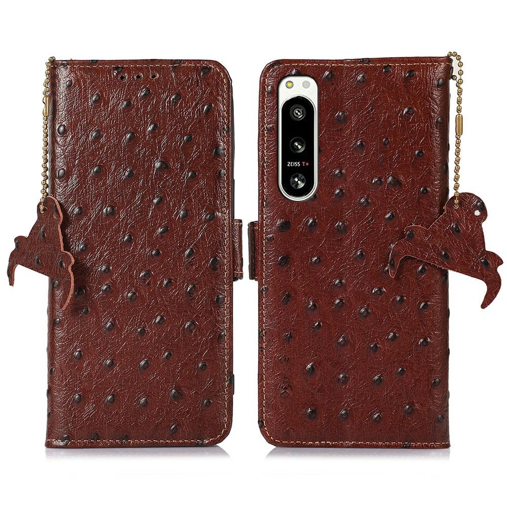 For Sony Xperia 5 IV 5G Case RFID Blocking Genuine Cow Leather Phone Case Ostrich Texture