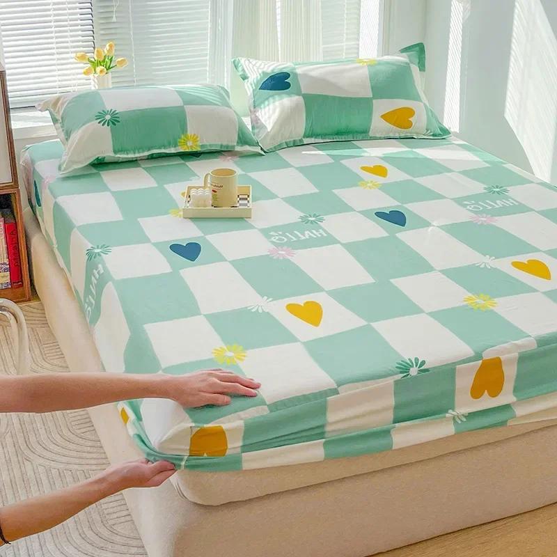 Зеленый клетчатый узор Набор простыней на резинке Любовь Сердце Защитный чехол для матраса 3 предмета Хлопковый постельный комплект Дышащий, приятный для кожи