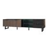 200cm TV Cabinet with Black Marble Look, Dark Wood Grain Doors, Adjustable LED Lighting, Two Doors and Two Drawers, Suitable for Robot Vacuum Cleaners