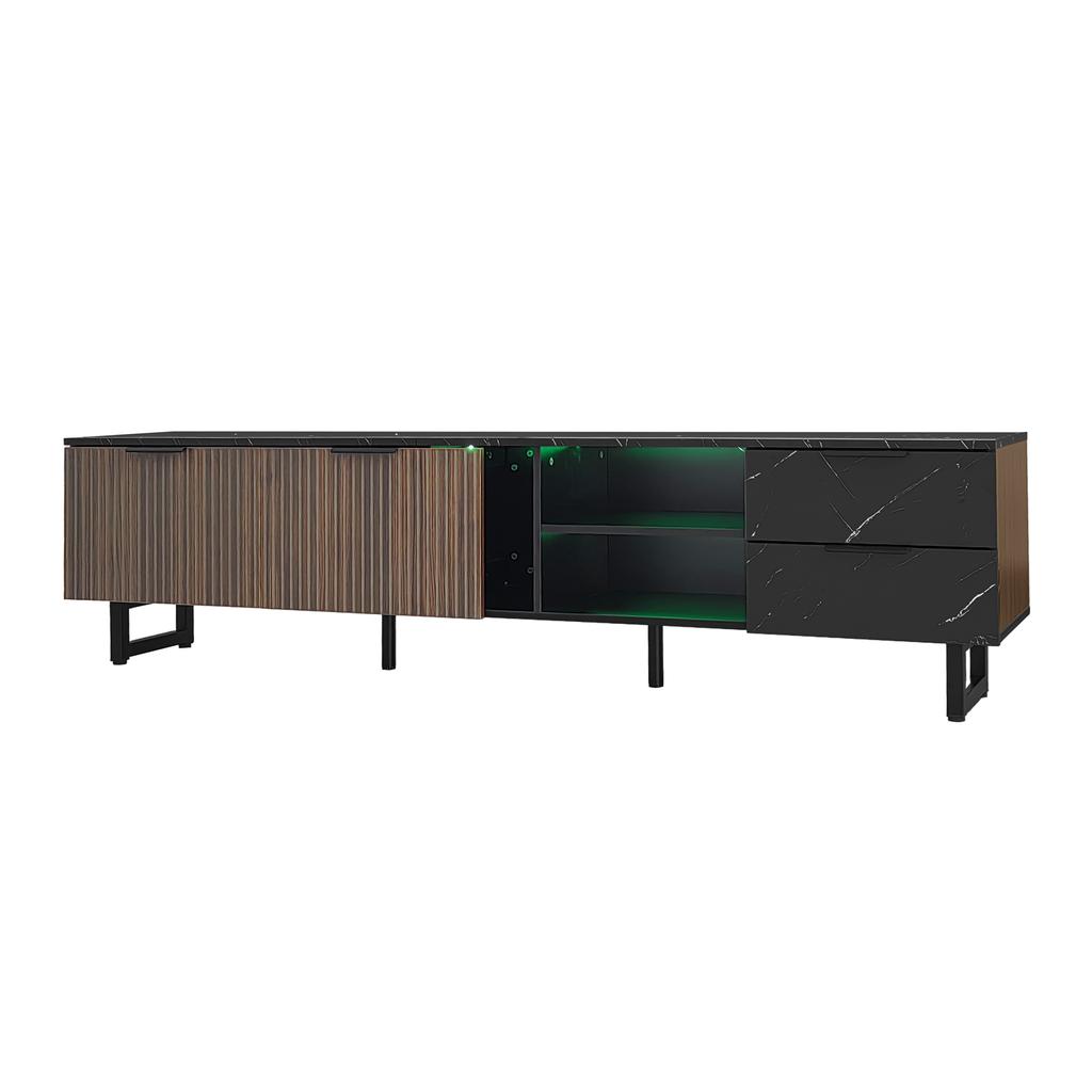 200cm TV Cabinet with Black Marble Look, Dark Wood Grain Doors, Adjustable LED Lighting, Two Doors and Two Drawers, Suitable for Robot Vacuum Cleaners