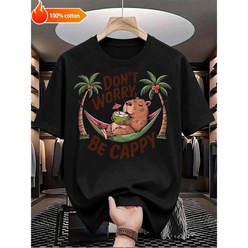 1Pc Of Humorous Men'S T-Shirt Featuring A Capybara With The Phrase 'Don'T Worry Be Cappy' - A Soft White Summer Tee Ideal For The Beach, Lounging, Or