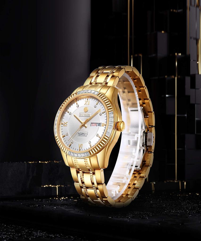 BINLUN Золотые Автоматические Часы Золотые Механические Скелетон Бизнес Часы Водонепроницаемые Аналоговые из Нержавеющей Стали Роскошные Часы для Мужчин Мужские Мужские [Продукт]