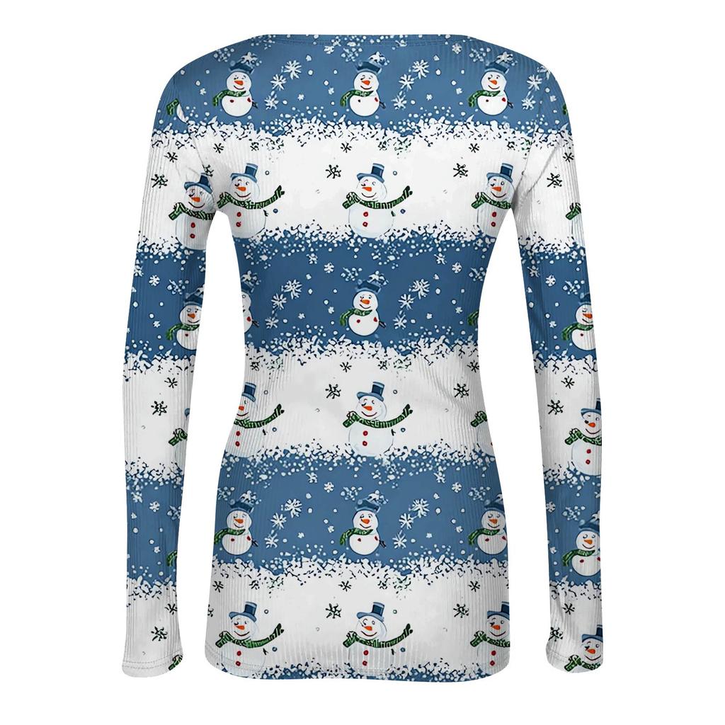 Women's Winter Slim-Fit Base Layer T-Shirt Fashionable Christmas Print V-Neck Pullover Long-Sleeved Top
