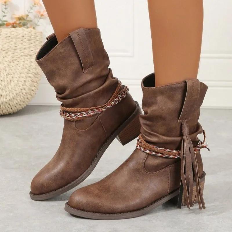 Women's Shoes 2024 New Women's Boots Winter Roman Round Toe Solid Color Medium Tube Thick Heel Large Size Western Boots
