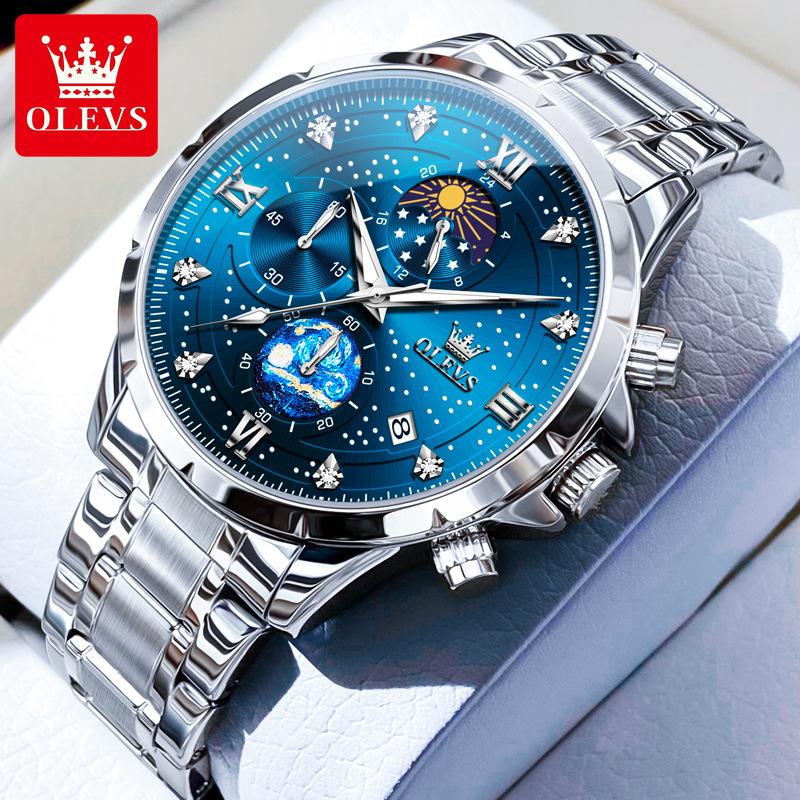 Men's Quartz Multifunctional Chronograph Watch Stainless Steel Waterproof Luminous Diamond Studded Starry Sky Watch