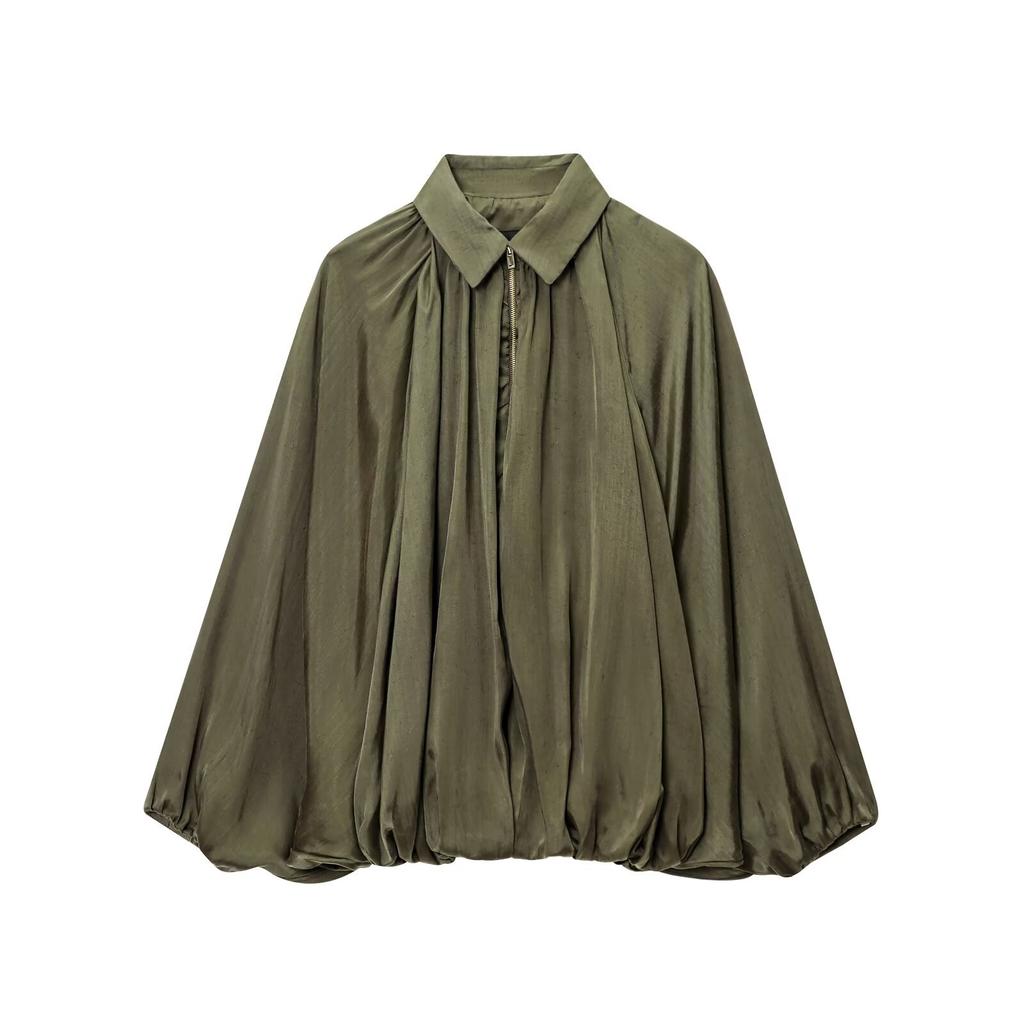 Women's Jacket Oversized Streetwear Casual Sleeve Lapel Collar Zip Front Pleated Shirts