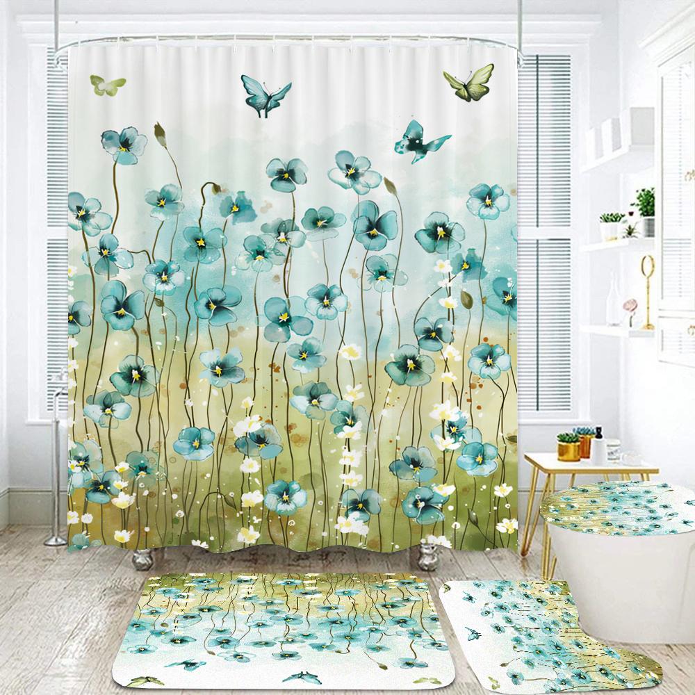 180*180см Синие Розы Цветы Тканевые Шторы для Душа Коврик для Ванной Комнаты Коврики Красивая Бабочка Цветок Набор Штор для Ванной Комнаты Домашнее Украшение