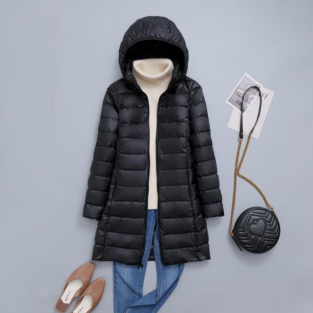 FASHION  Light Down Jacket Women's Medium  Long Fattened Plus Size Removable Cap Lightweight Ultra-thin Jacket Tide Clothes