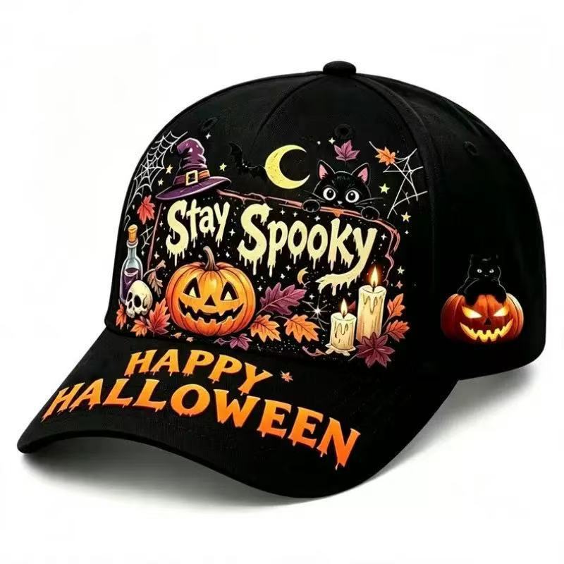 New Dark Pumpkin Big Brim Ghost 3D Printed Hat Vintage Gothic Halloween Baseball Cap