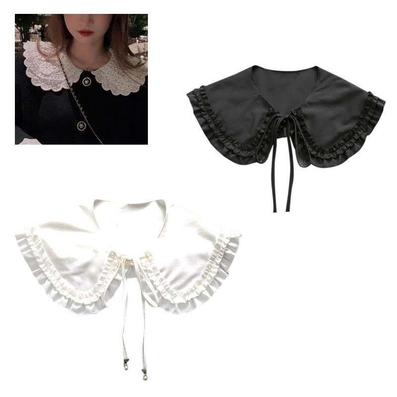 Women Girls Vintage Lolita False Fake Collar Shawl Sweet Ruffles Lace-Up Bow Decorative Necklace Choker Short Poncho