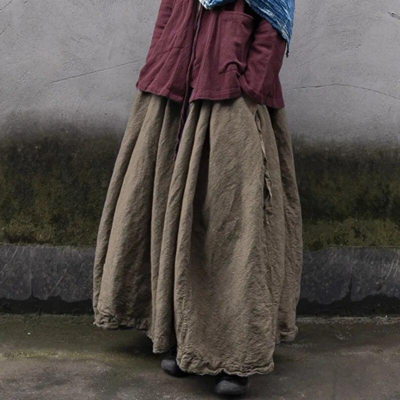 Johnature Женские винтажные хлопковые льняные юбки, толстые однотонные эластичные талии, высококачественные осенние юбки трапециевидной формы на бретелях