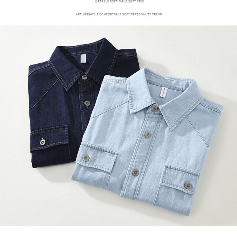 Летние топы, мужские рубашки-карго с коротким рукавом, молодежная популярная уличная одежда, повседневная свободная рубашка с карманами на лацканах, двойные карманы, светло-голубая джинсовая рубашка