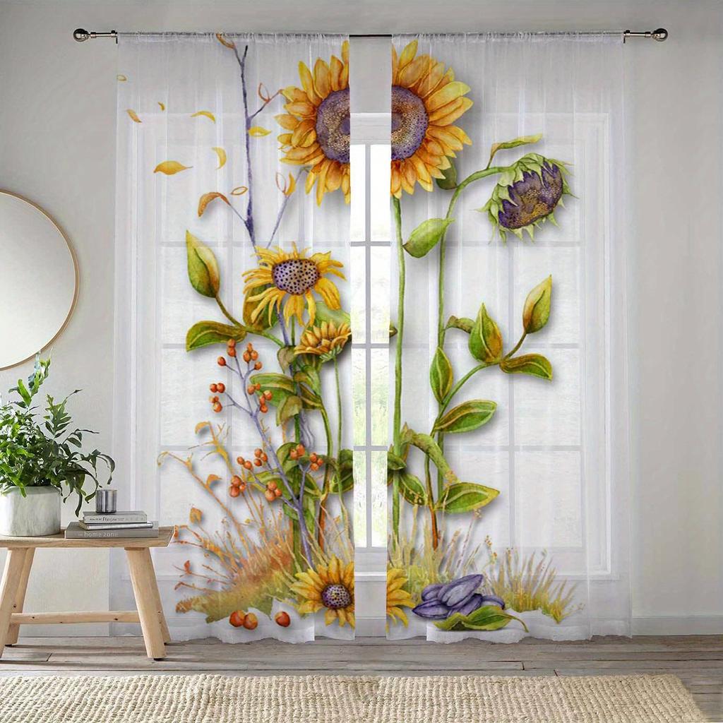 Modern Simplistic Style Sunflower Print Drapes for Living Room Bedroom Decor Rod Pocket Semi-Sheer for Windows Decorations