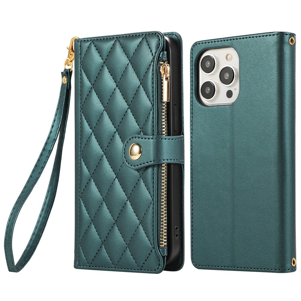 For iPhone 15 Pro Max Case Multi Card Slots Zipper Rhombus Leather Phone Cover with Wrist Strap