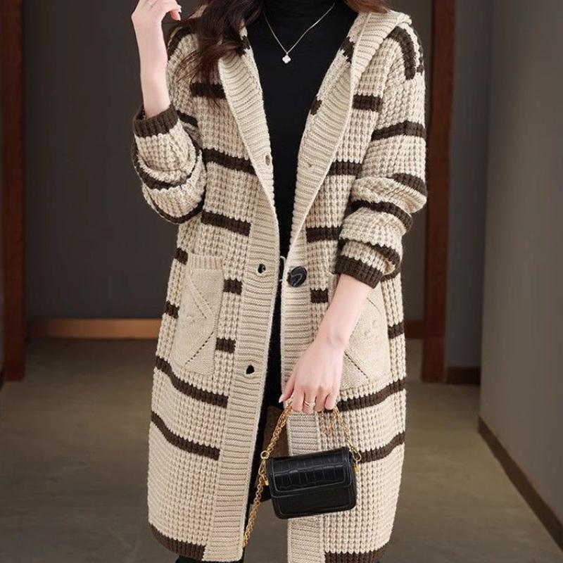Осенне-зимняя утолщенная куртка-свитер средней длины с капюшоном, свободный полосатый вязаный кардиган большого размера