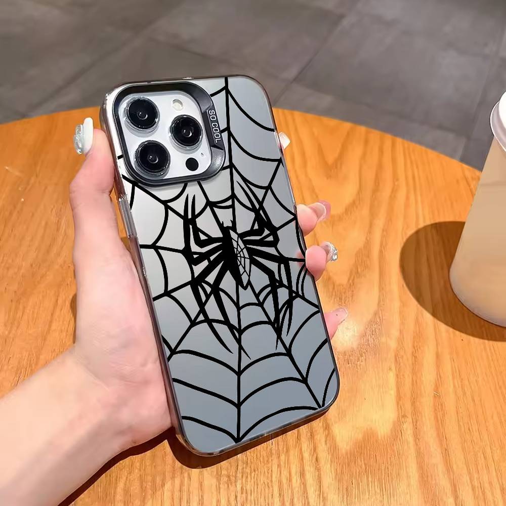 Чехол для телефона с готическим принтом паутины для iPhone 17, 16, 15, 14, 13, 12, 11 Plus, Pro Max Черная рамка Серебряное покрытие