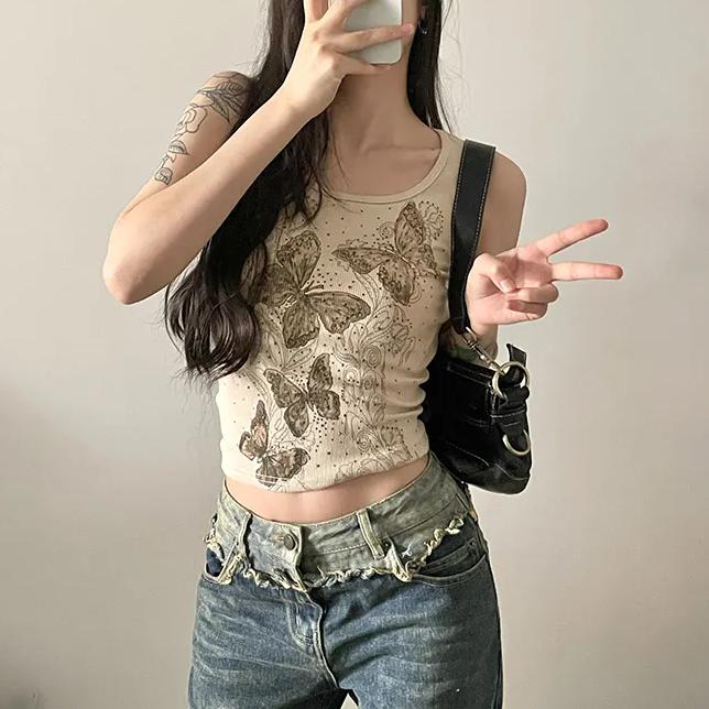 WTEMPO Короткие жилеты с U-образным воротником для девочек, весна-лето, с принтом бабочек, женские облегающие топы без рукавов в стиле ретро