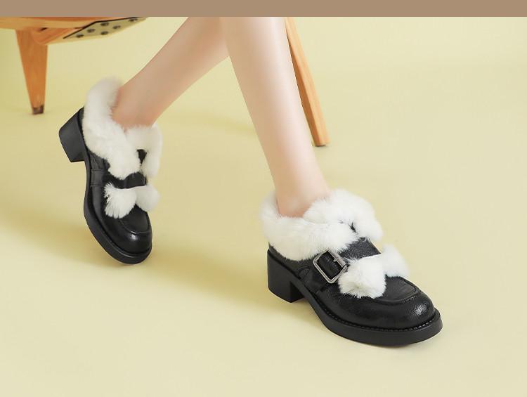 [Fashionable Warm Fury Single Shoe] One line Buckle with Upper Mouth Fury Thick Heel Round Head Stitching Versatile Fashion Single Shoe