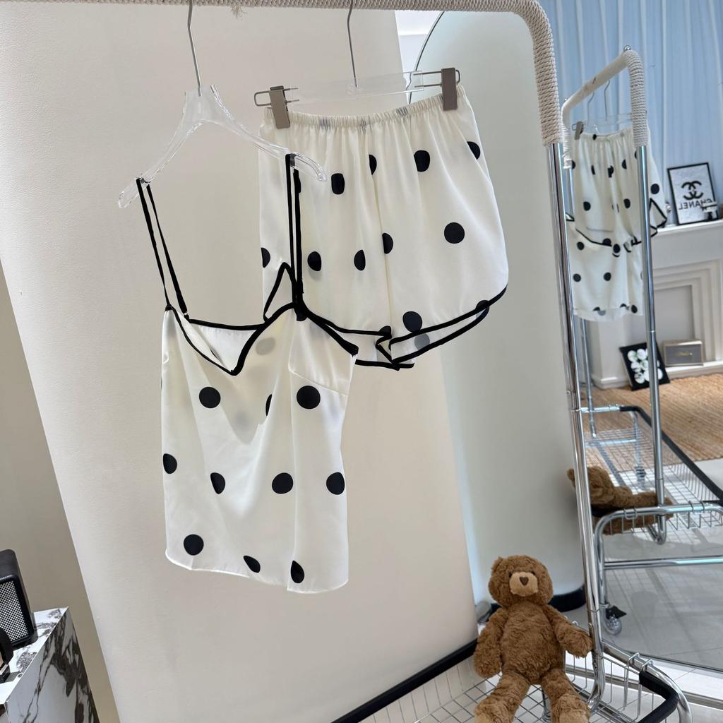 Ice silk pajamas women's summer girl pure desire suspender shorts set pajamas women's simple polka dot sexy loungewear