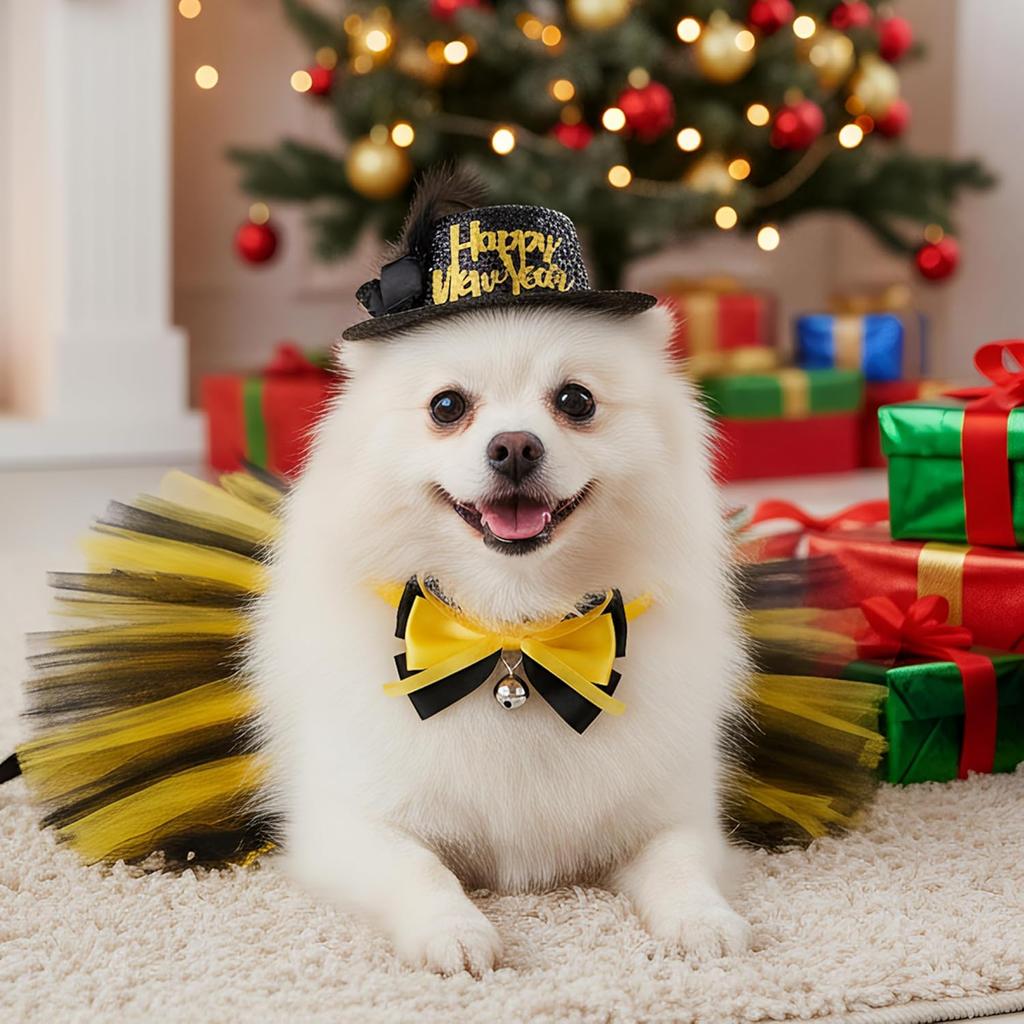 3 Pcs New Year Dog Costume Set Including New Year Dog Hat Tutu Dress Cute Pet Bowtie for Medium Dog Holiday Outfit Accessories