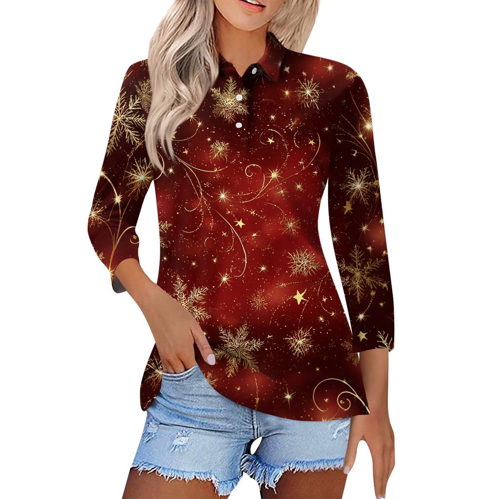 Women's Fashion Casual Lapel Short 3/4 Sleeve Christmas Print Shirt Women's Button Up Tops