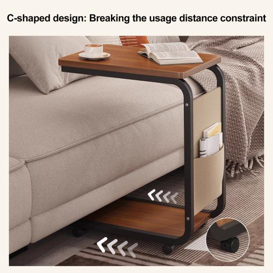 Двухуровневый приставной столик C-образной формы, перекатывающийся маленький кофейный столик с деревянной столешницей и металлическим каркасом, угловой столик для гостиной, спальни, прикроватная тумбочка, письменный стол на колесиках
